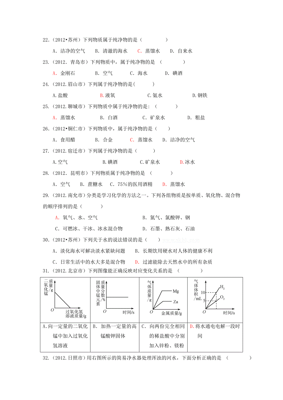 2012年中考化学试题汇编——自然界中的水_第4页