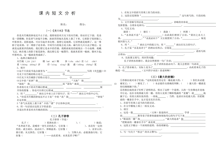 六年级语文课内短文分析试卷_第1页