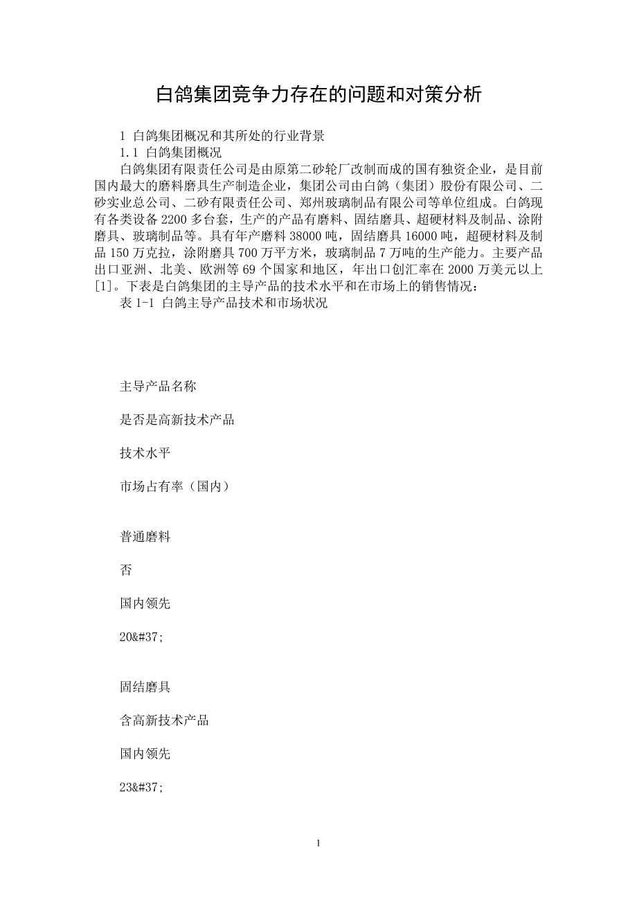 【最新word论文】白鸽集团竞争力存在的问题和对策分析【企业研究专业论文】_第1页