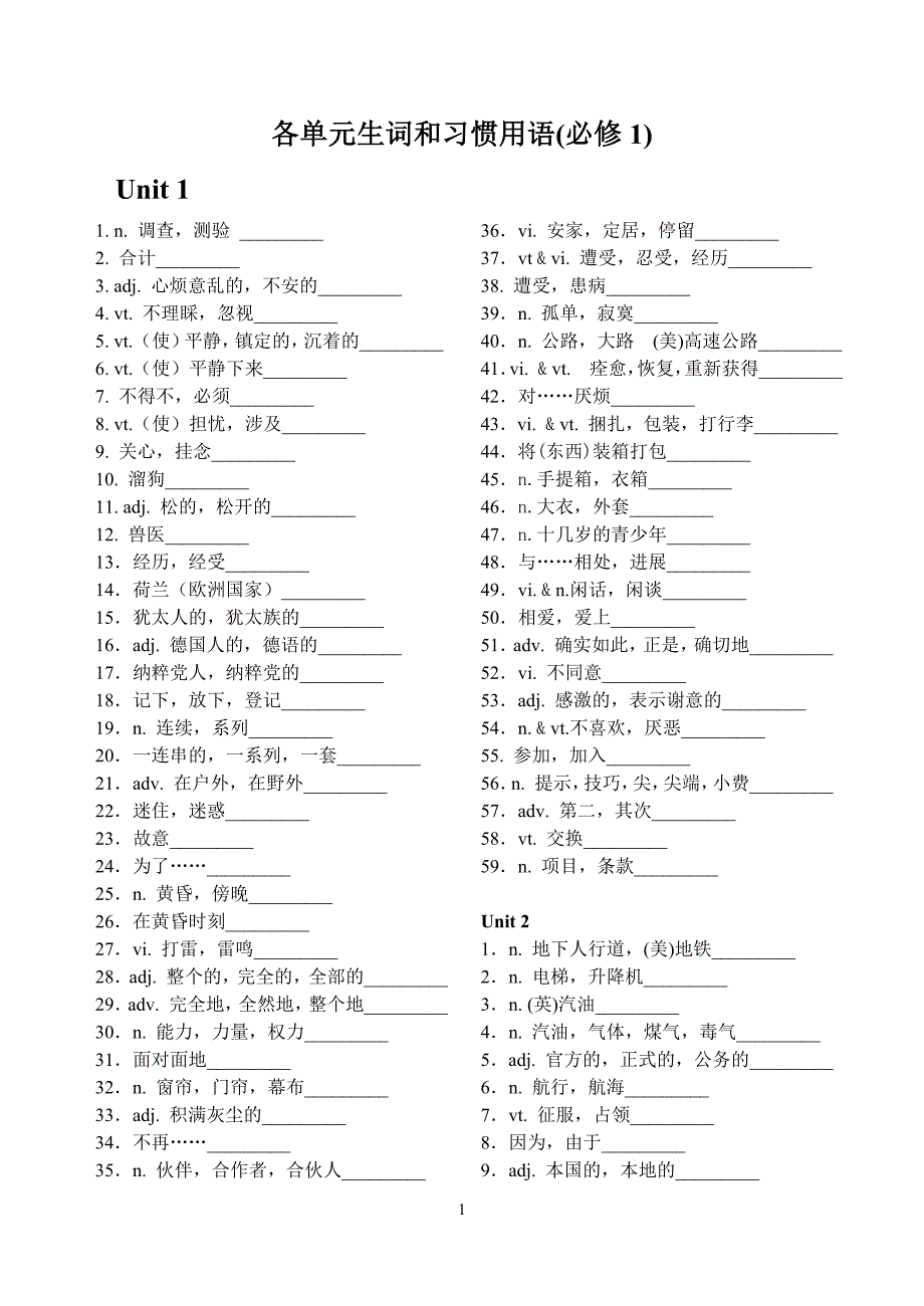 人教版高一英语单词电子版模块一和模块二_第1页