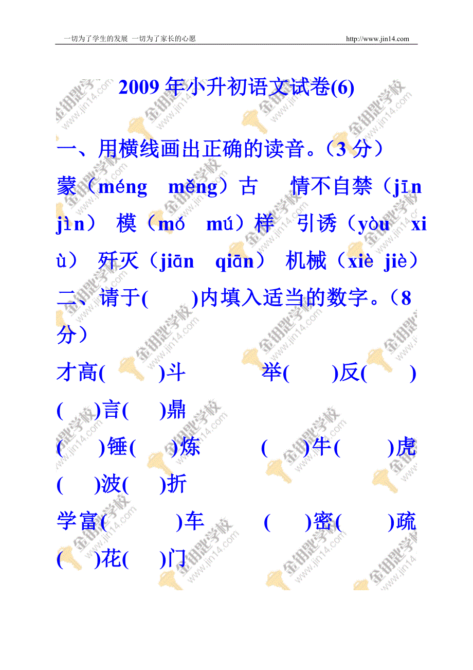 小学2009年小升初语文试卷一套_第1页