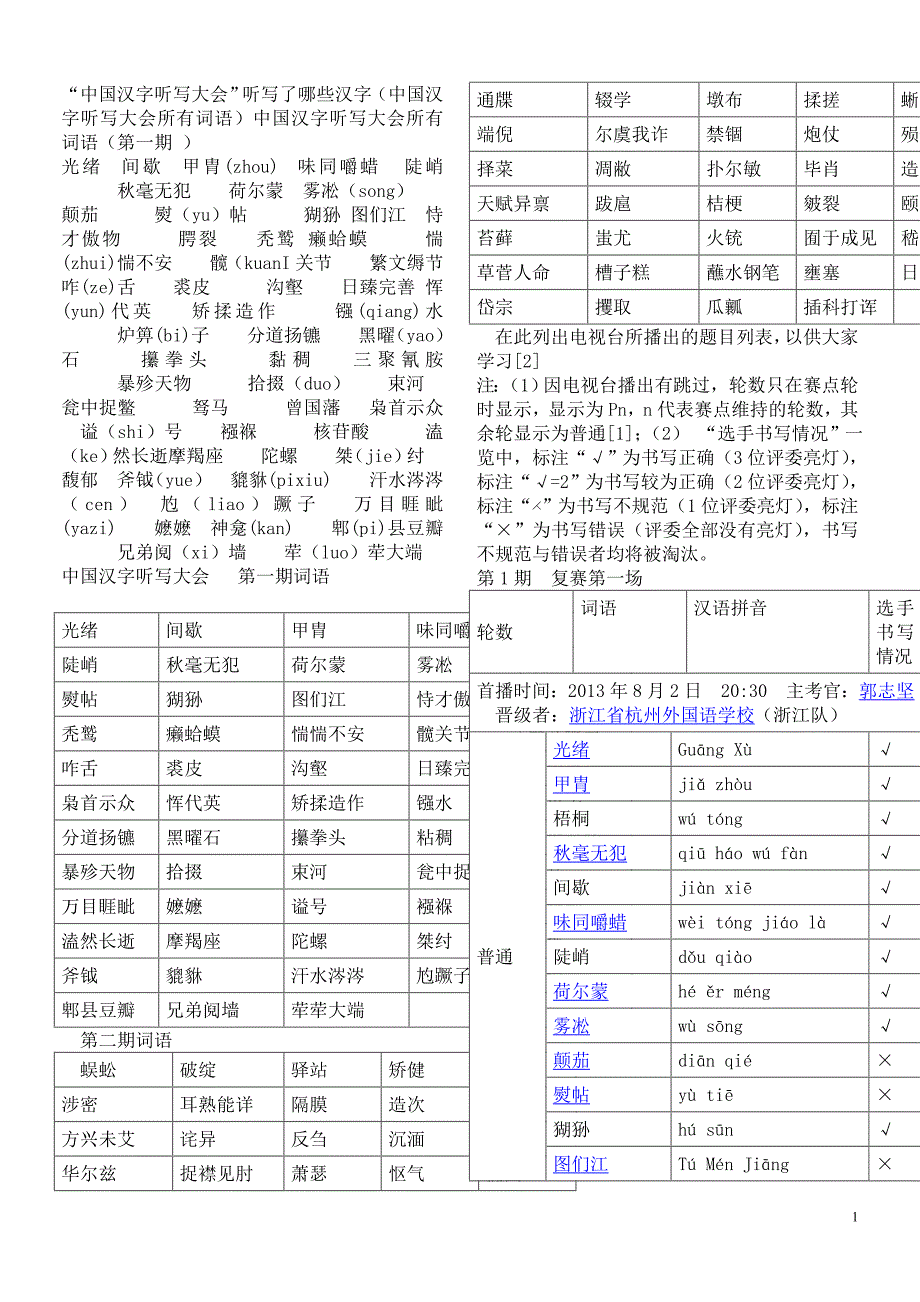 中国汉字听写大会1--6期词语汇集_第1页