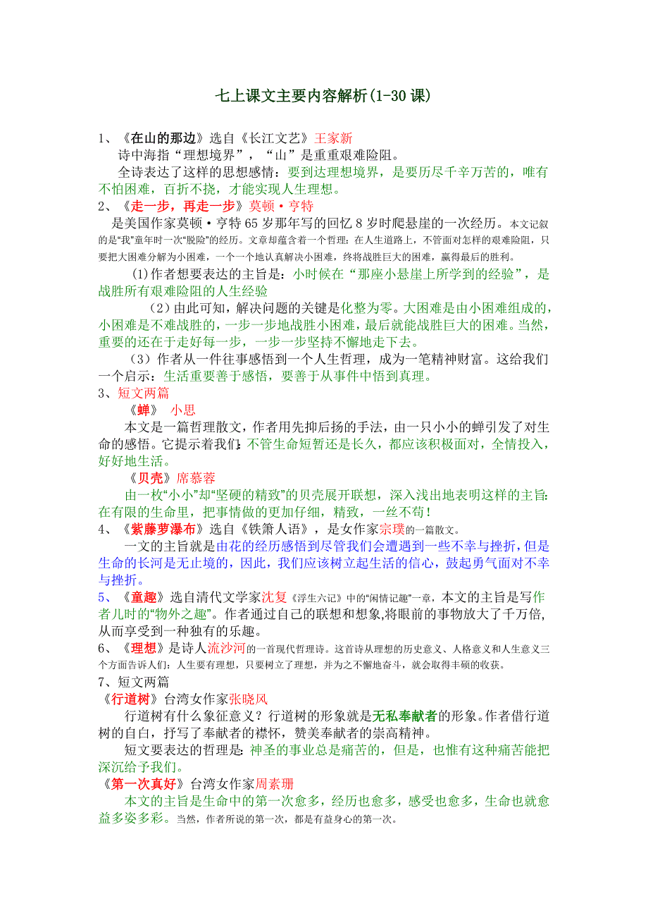 七年级语文上课文主要内容解析(1-30课)_第1页