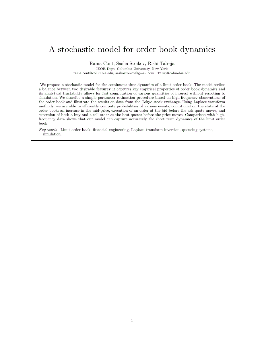 A stochastic model for order book dynamics（订单动态随机模型）_第1页