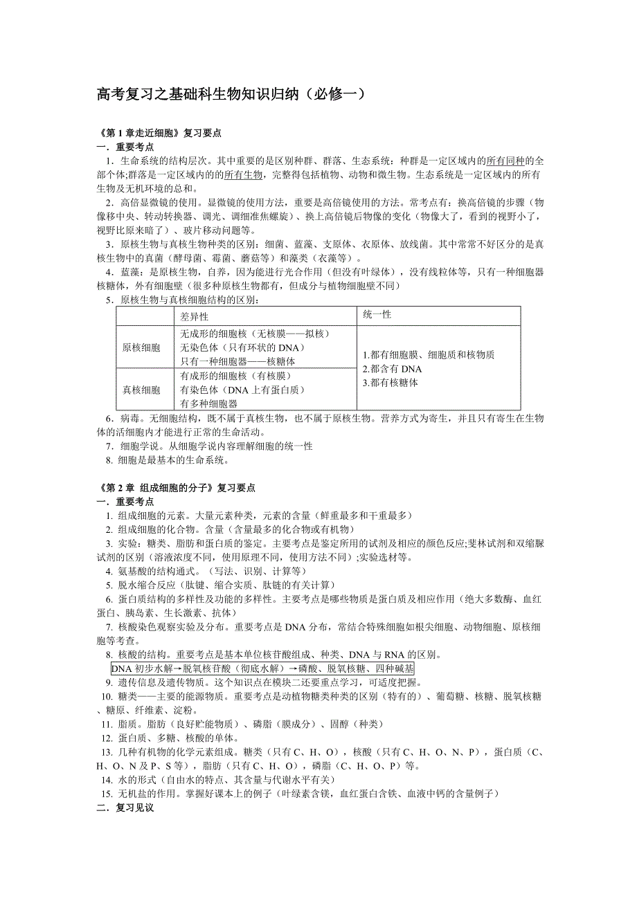 高考复习之基础科生物知识归纳(必修一)_第1页