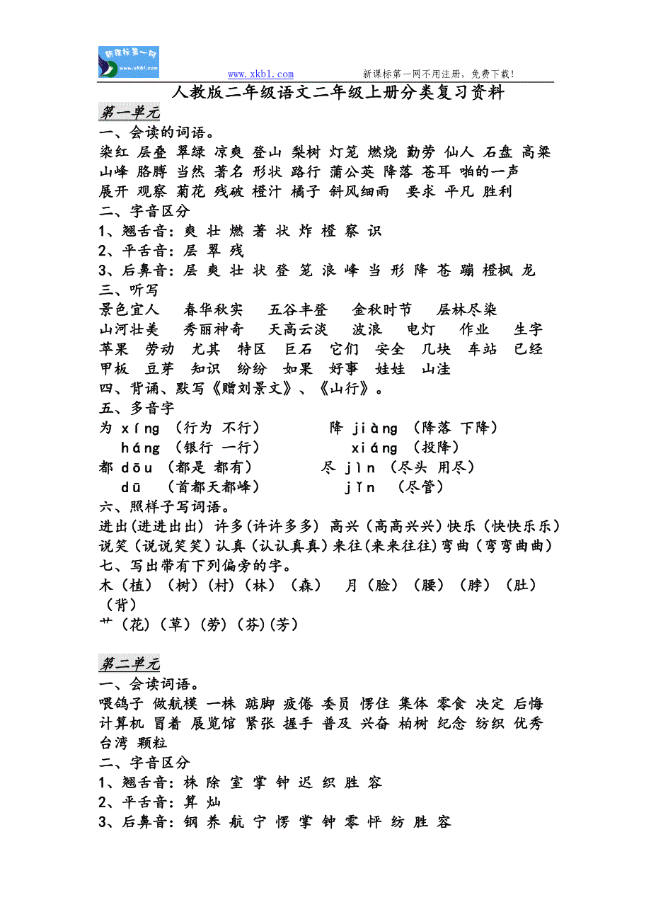 人教版二年级语文二年级上册分类复习资料_第1页