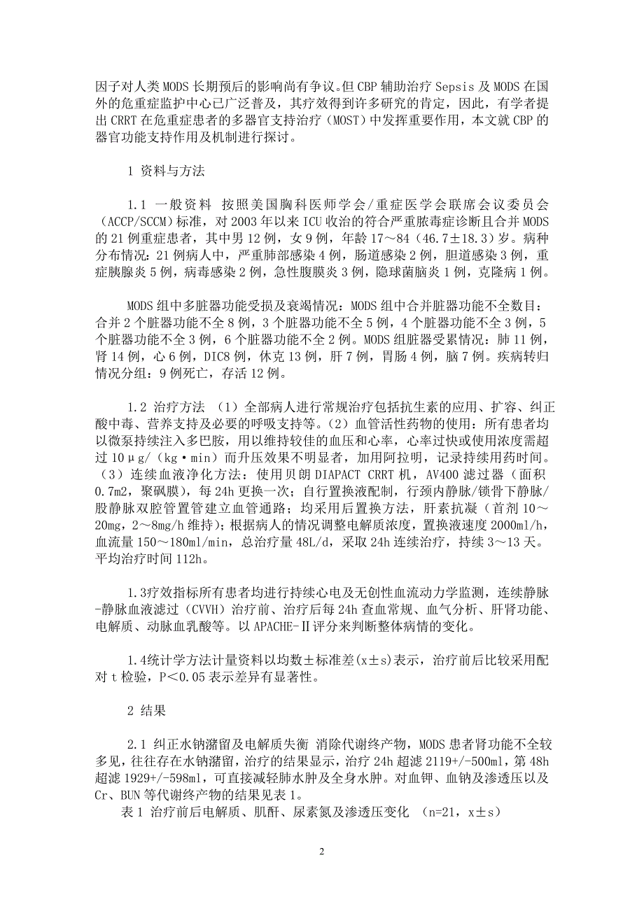 【最新word论文】连续血液净化对MODS患者的多器官支持治疗效果研究【医学专业论文】_第2页