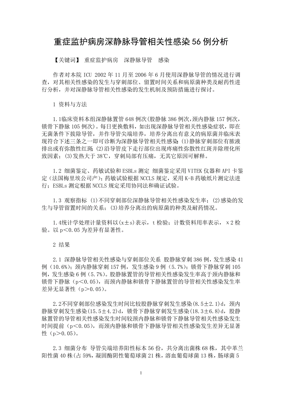 【最新word论文】重症监护病房深静脉导管相关性感染56例分析【临床医学专业论文】_第1页