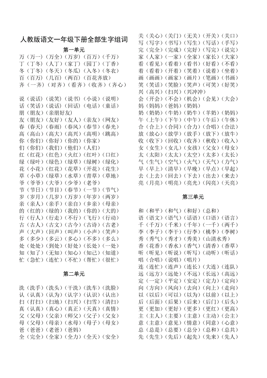 人教版一年级下册语文全册生字组词_第1页