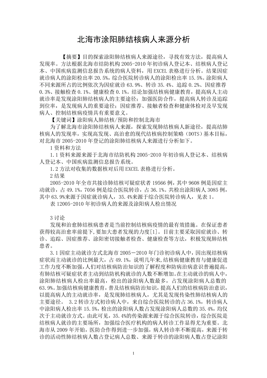 【最新word论文】北海市涂阳肺结核病人来源分析【医学专业论文】_第1页