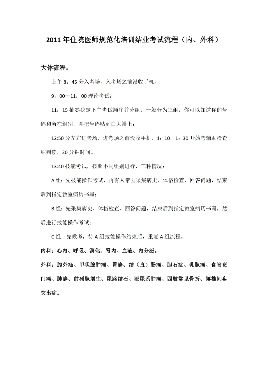 2011年规培综合结业考核流程(内、外科)_第1页