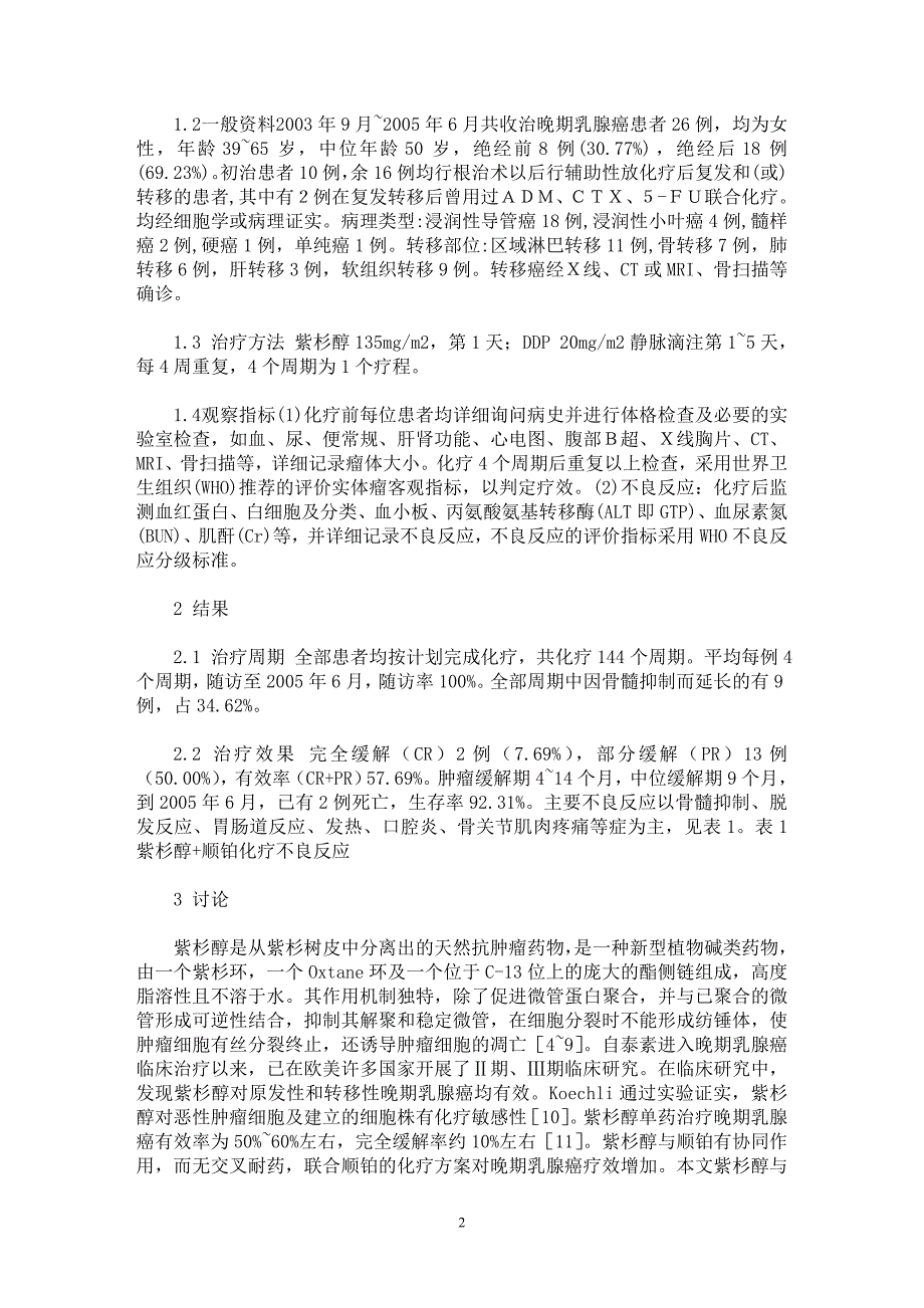 【最新word论文】紫杉醇联合顺铂治疗晚期乳腺癌26例的近期疗效【临床医学专业论文】_第2页