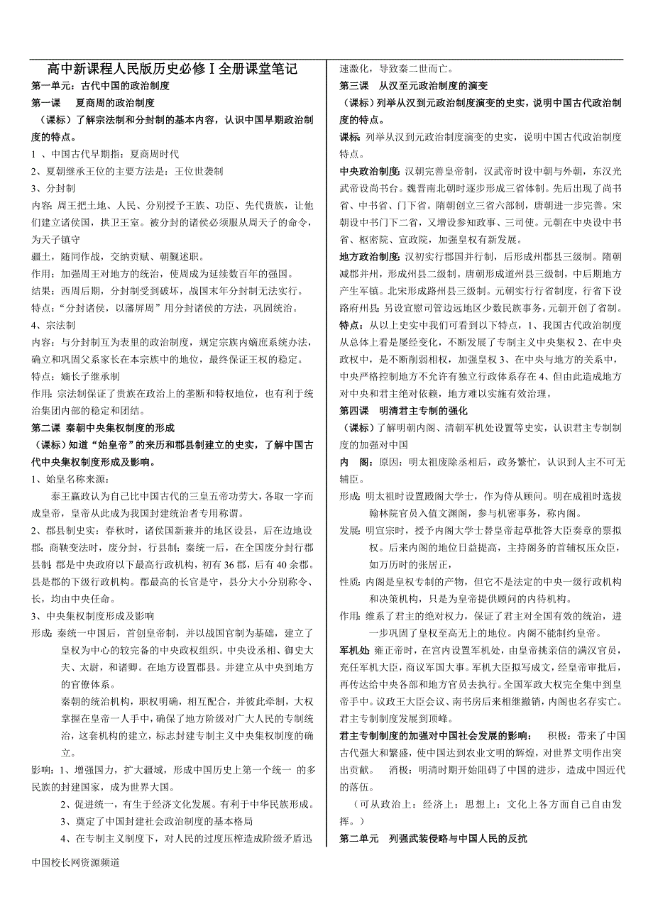 人教版历史必修Ⅰ课堂笔记(全套)_第1页