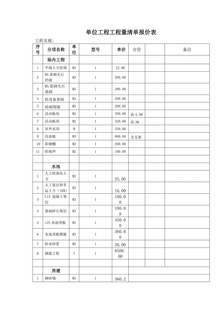 单位工程工程量清单报价表_第1页