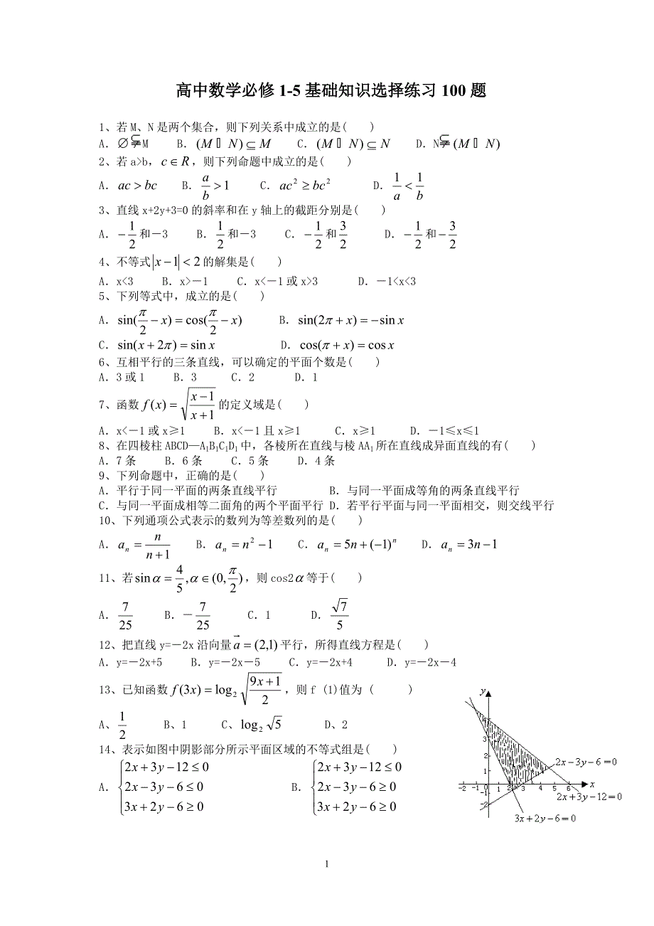 高中数学必修1-5基础知识选择练习100题(含答案)_第1页