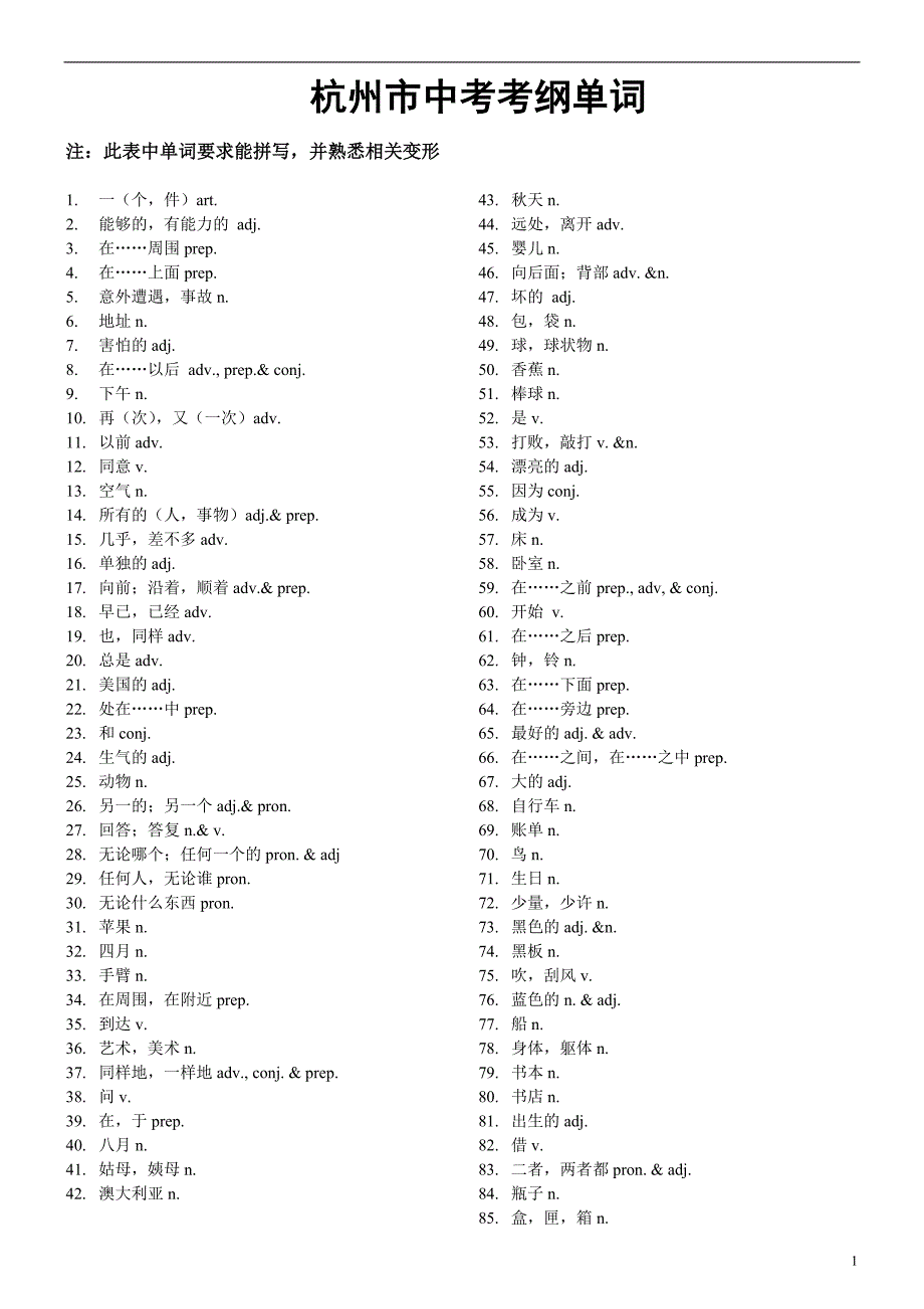 杭州市中考英语单词中文_第1页