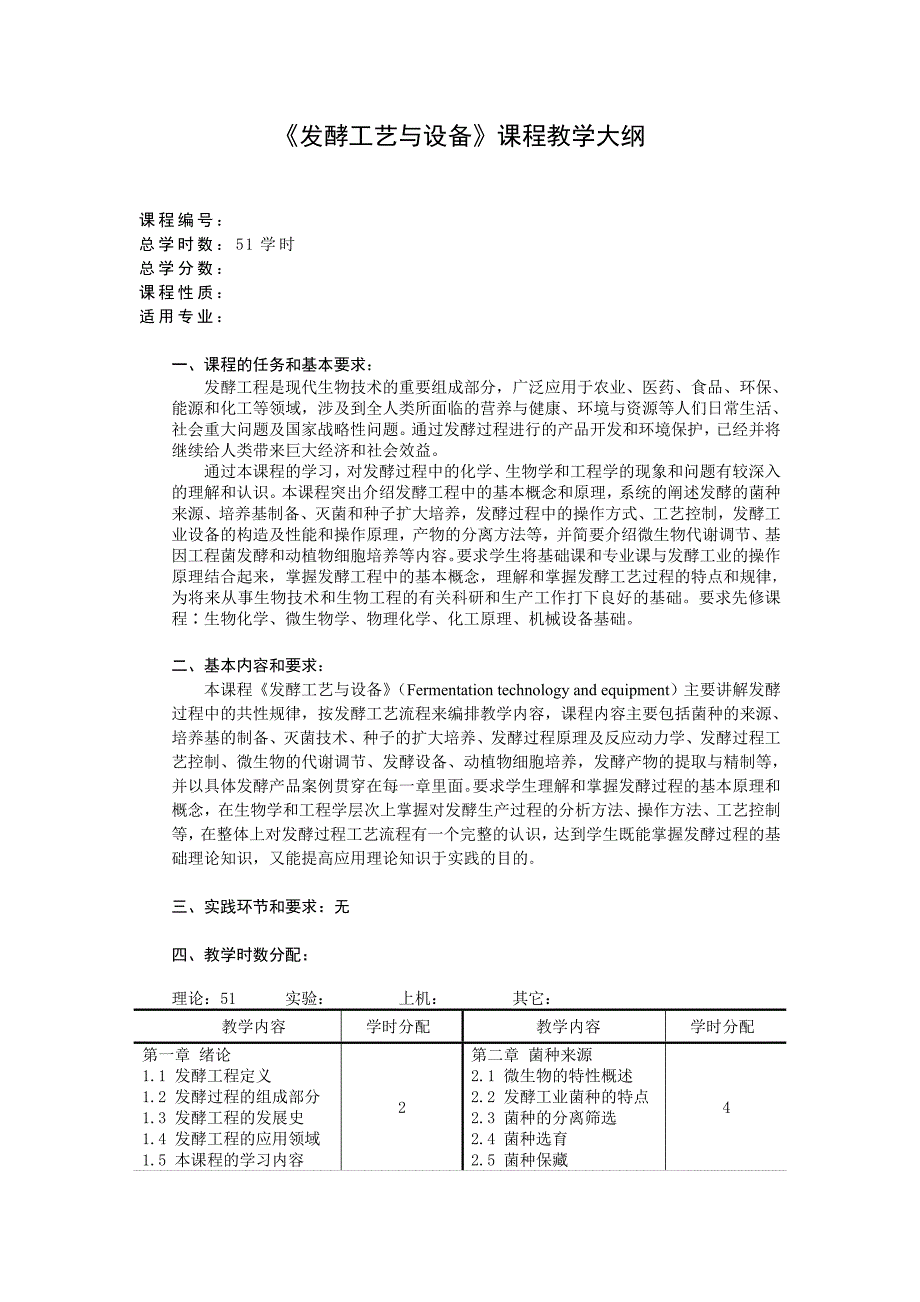 发酵工艺与设备课程教学大纲_第1页