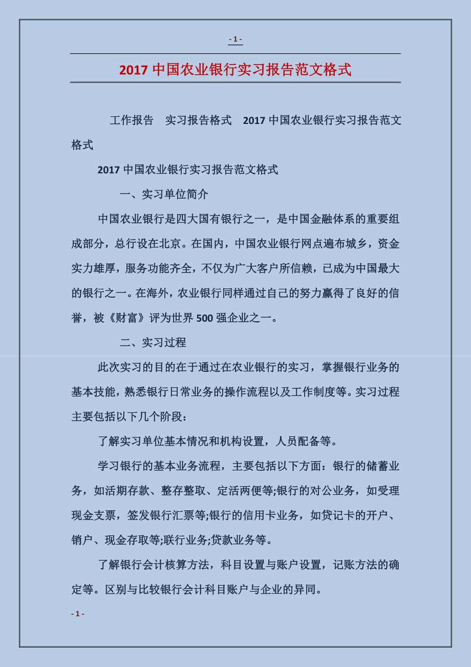 2017中国农业银行实习报告格式_第1页