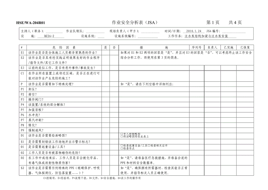 JSA作业安全分析表(注水泵_第1页