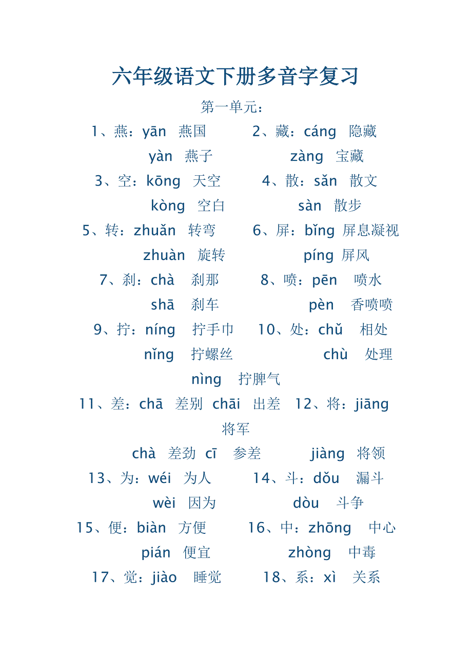 六年级语文多音字复习_第1页