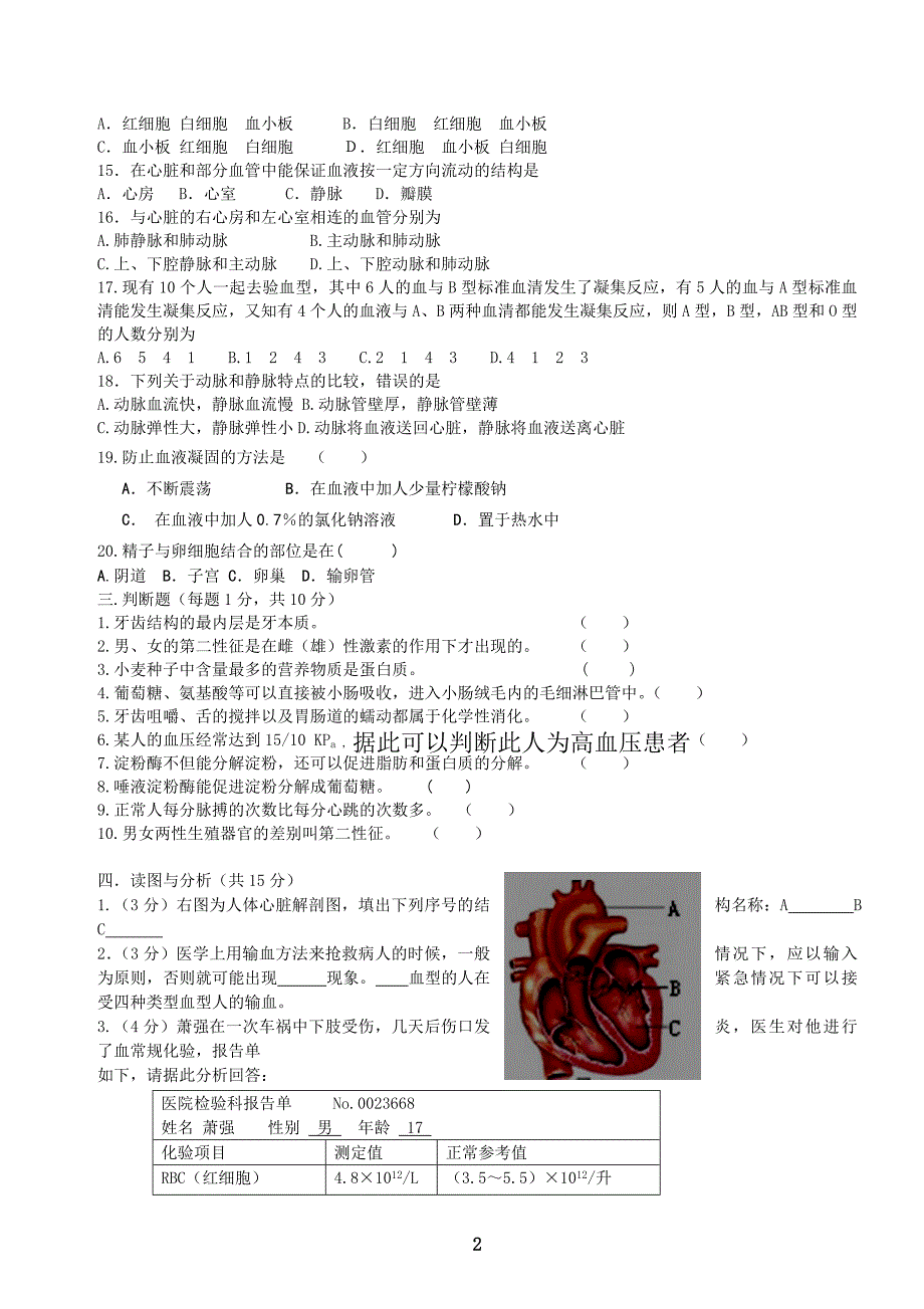 苏教版七年级生物下册期中考试试卷及答案_第2页