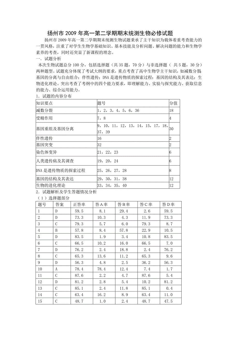 扬州市2009年高一第二学期期末统测生物必修试题_第1页