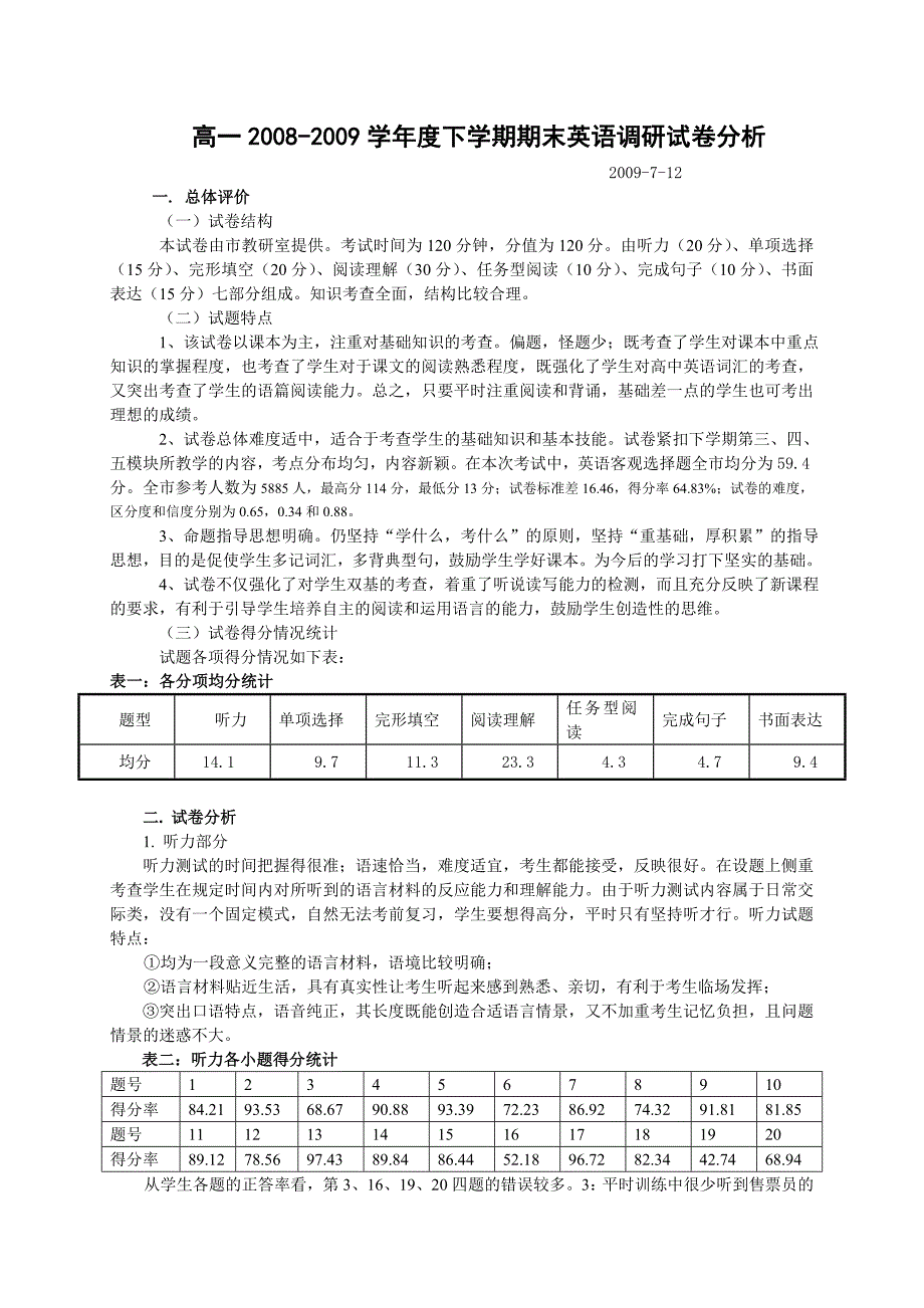 高一2008-2009年学度下学期期末英语调研试卷分析_第1页