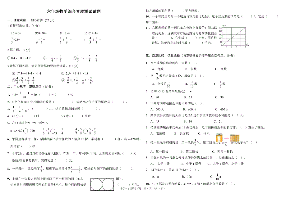 苏教版小学六年级数学下册期末试卷2015_第1页