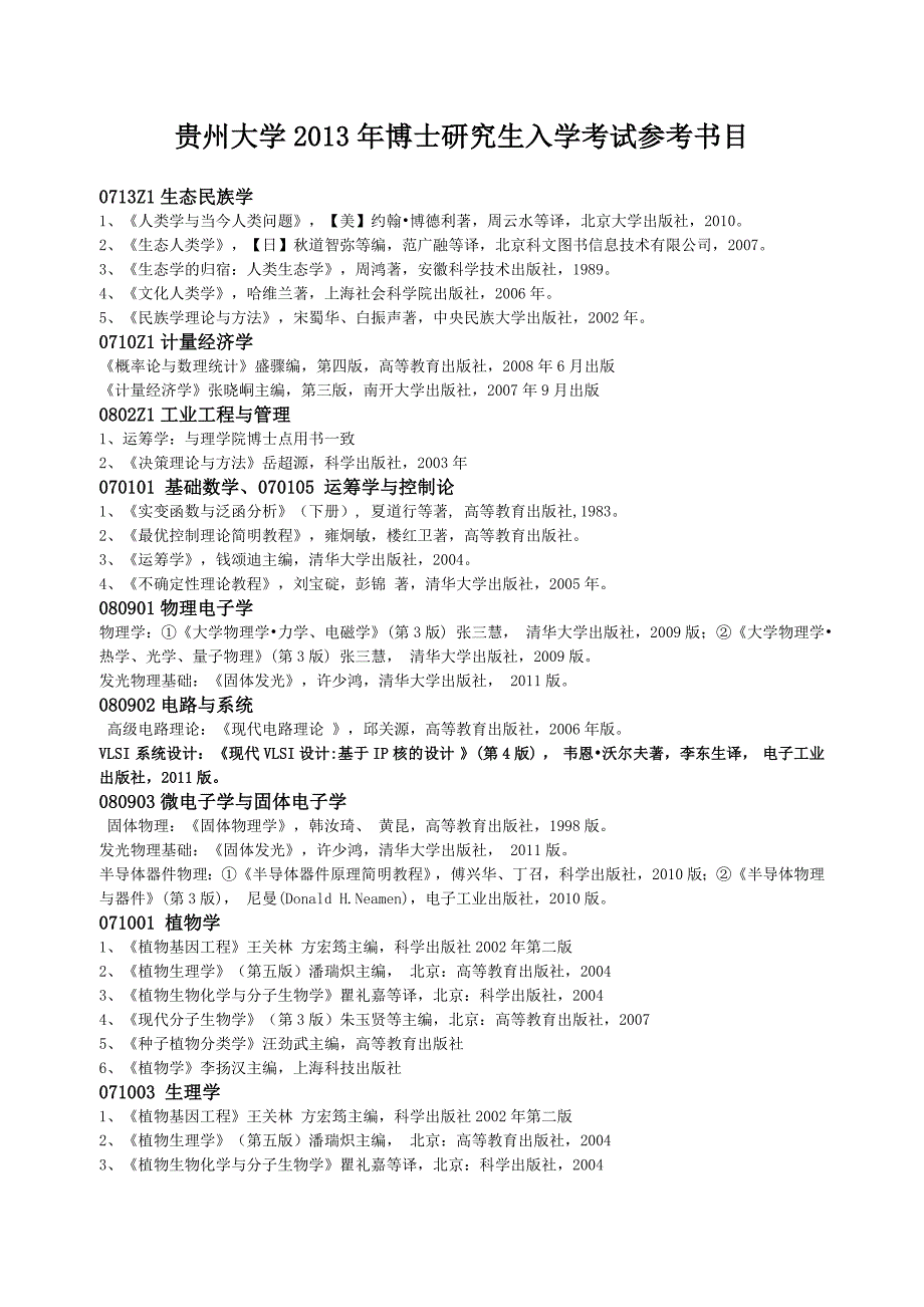 贵州大学2013年博士研究生入学考试参考书目_第1页