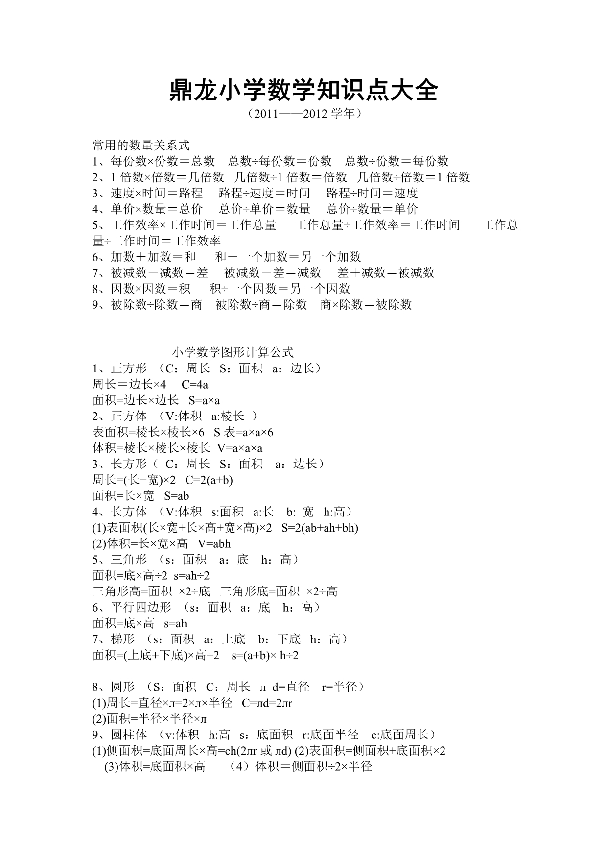 鼎龙小学2011-2021年数学归类复习资料_第1页