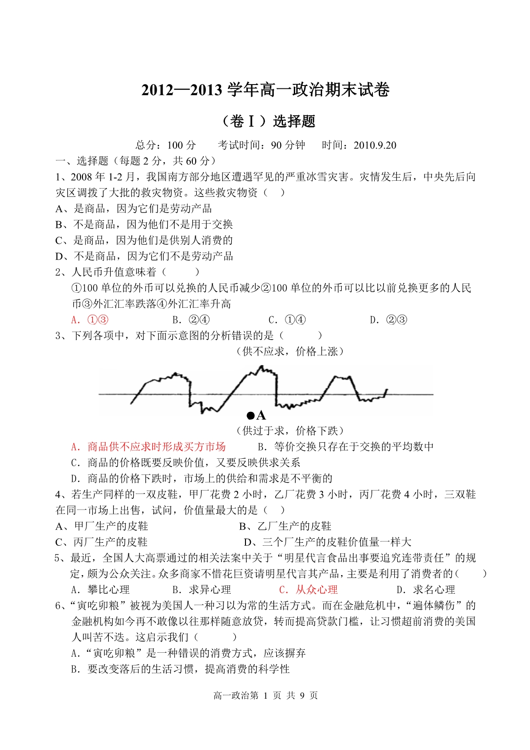 高一经济生活模块基础测试卷_第1页