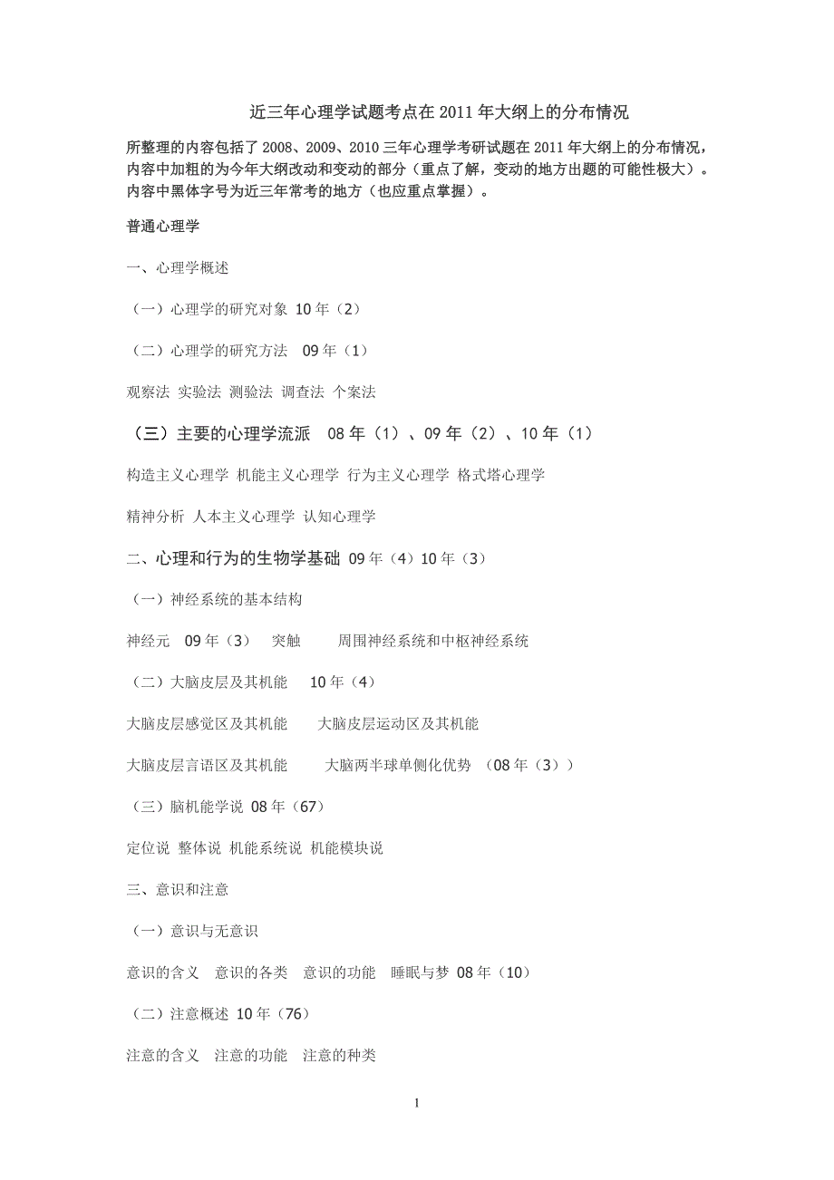 近三年心理学试题考点在2011年大纲上的分布情况_第1页