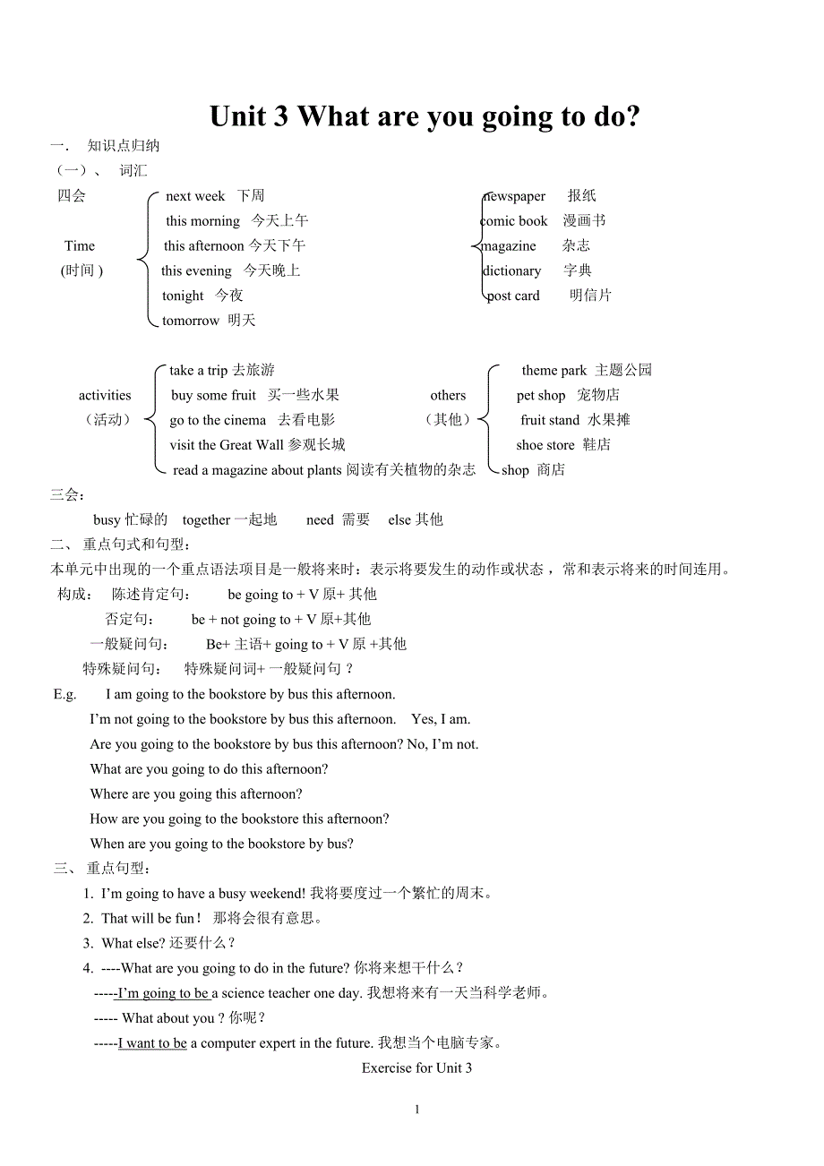 六上unit3知识点归纳及练习+一般将来时_第1页