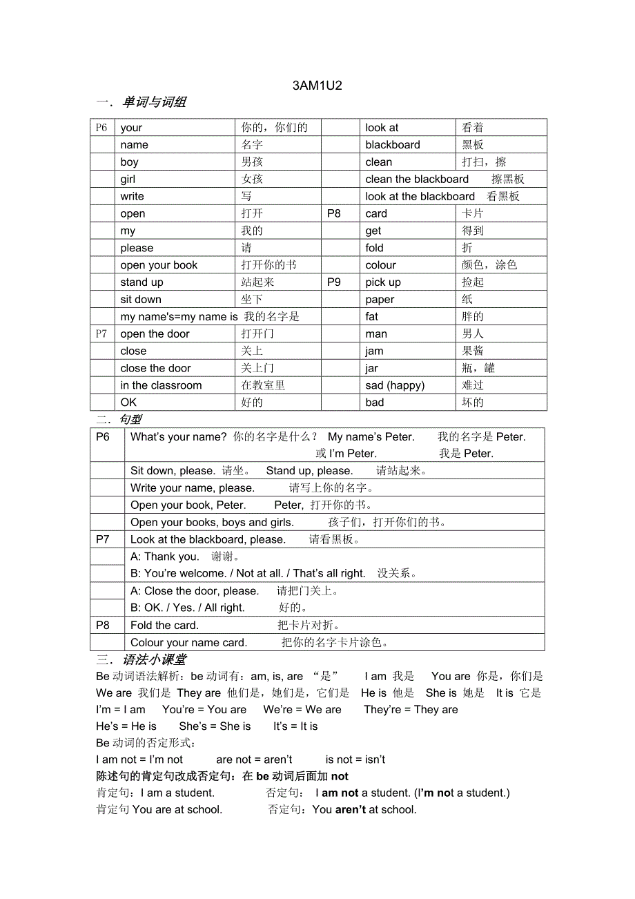 三年级M1U2单词句型整理与练习_第1页