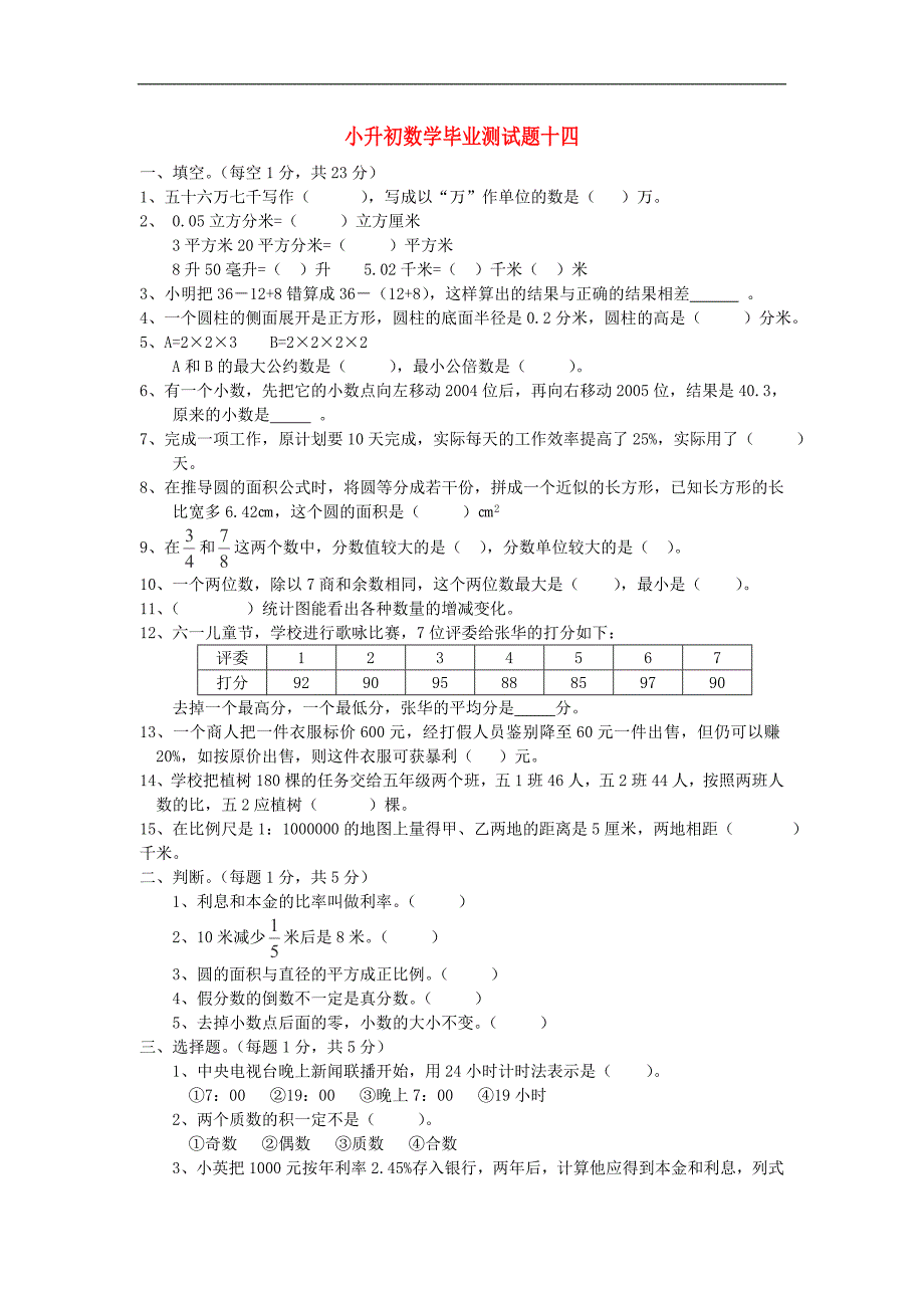 小升初数学毕业测试题 十四 （人教新课标版）_第1页