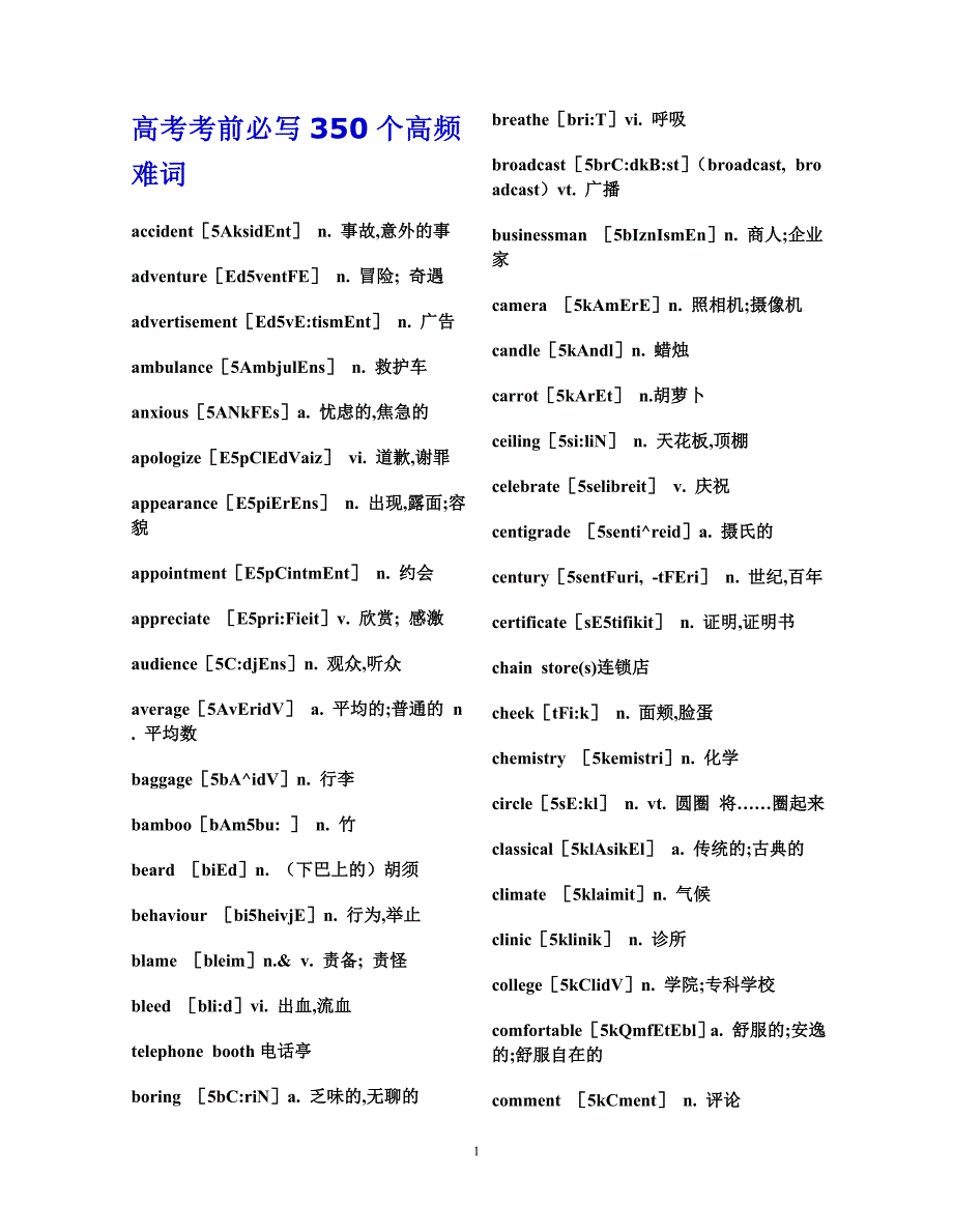 高考考前必写350个高频难词_第1页