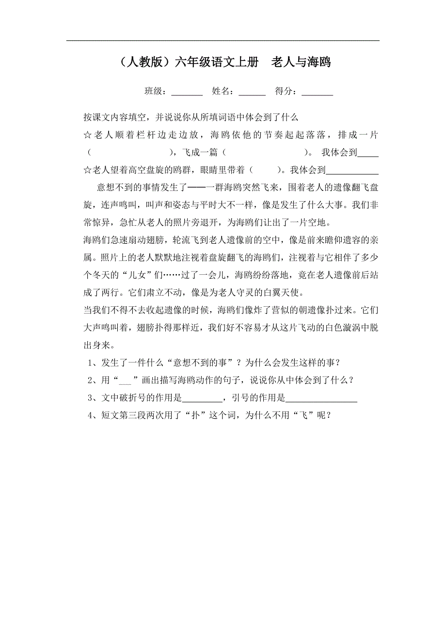 人教版六年级语文上册一课一练  老人与海鸥_第1页