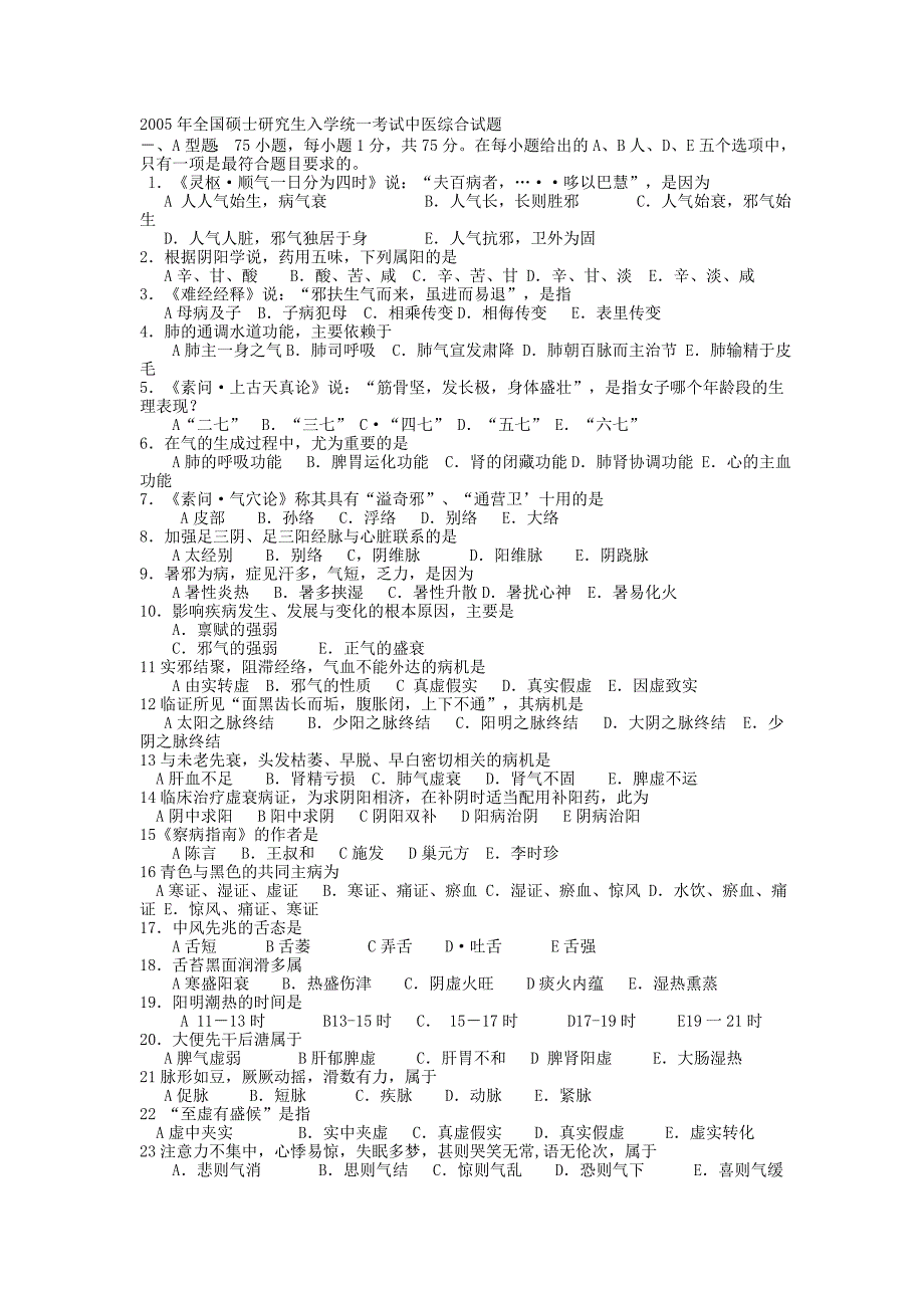 2005年硕士研究生入学考试中医综合试题_第1页