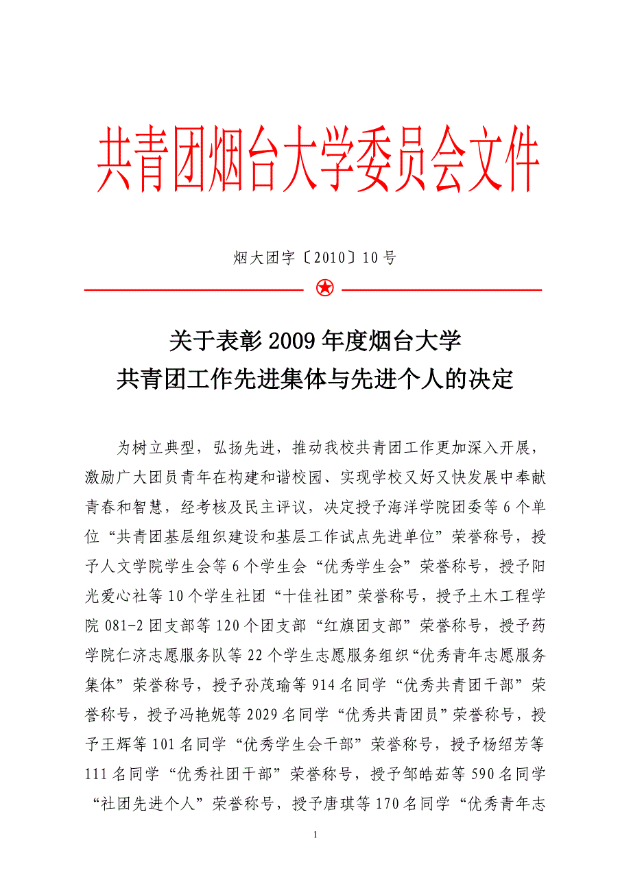 共青团烟台大学委员会文件_第1页