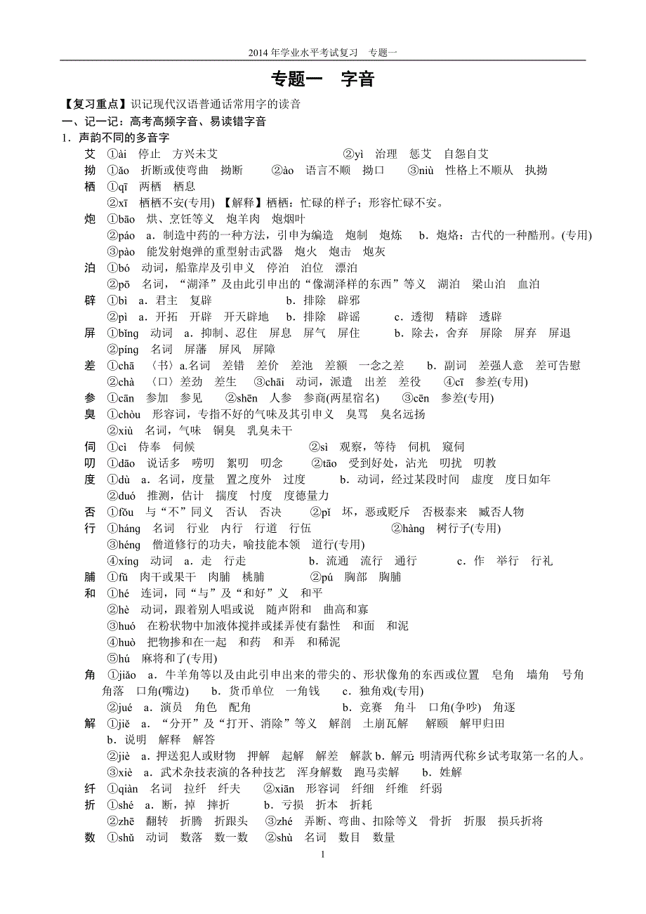 2014年学业水平考试专题一字音_第1页