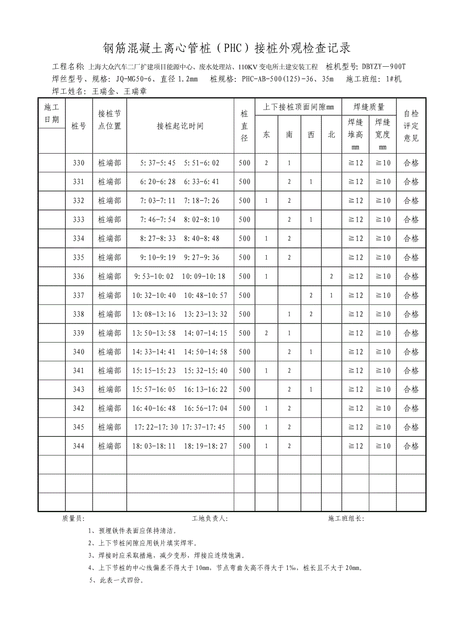 钢筋混凝土离心管桩PHC接桩外观检查记04录_第3页