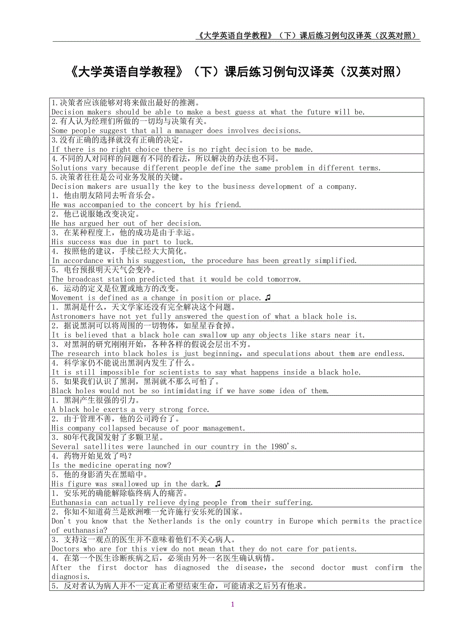 《大学英语自学教程》(下)课后练习例句汉译英_第1页