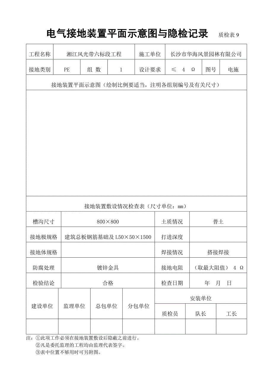 电气接地装置平面示意图与隐检记录  质检表9_第1页