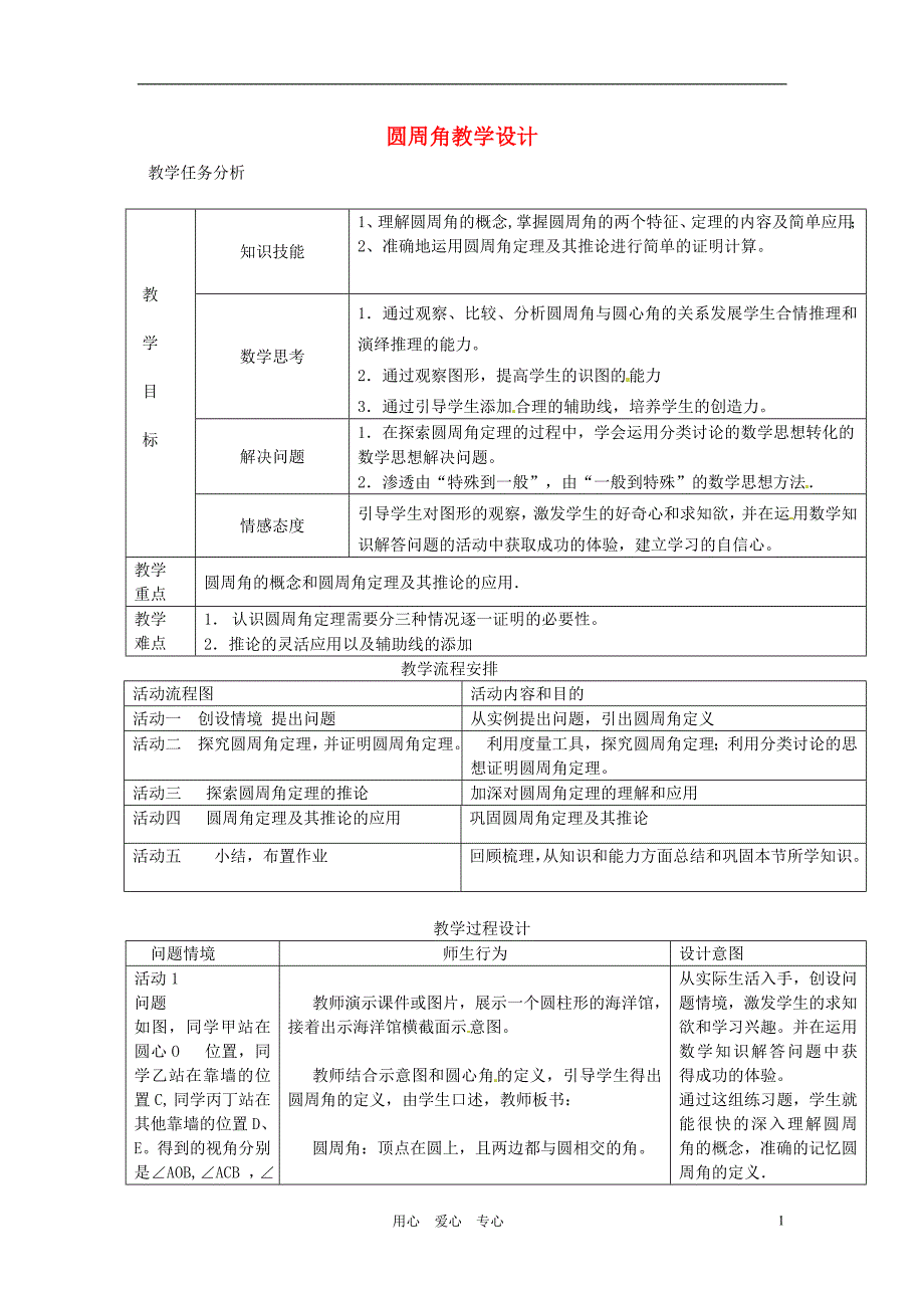 辽宁省瓦房店市第八初级中学九年级数学上册《24.1.4 圆周角》教学设计 人教新课标版_第1页