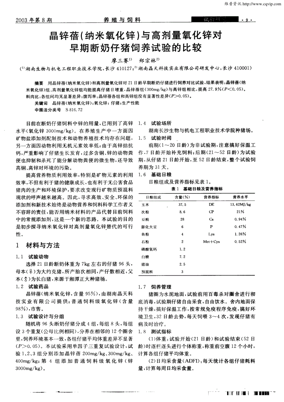 晶锌蓓(纳米氧化锌)与高剂量氧化锌对早期断奶仔猪饲养试验的比较_第1页