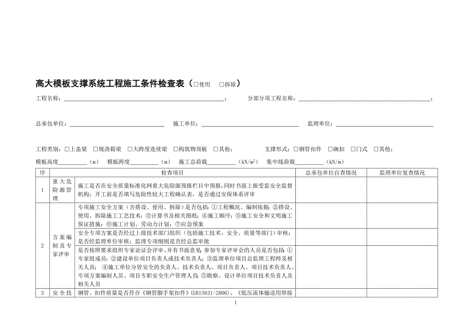 高大模板支撑系统工程施工条件检查表(使用_第1页