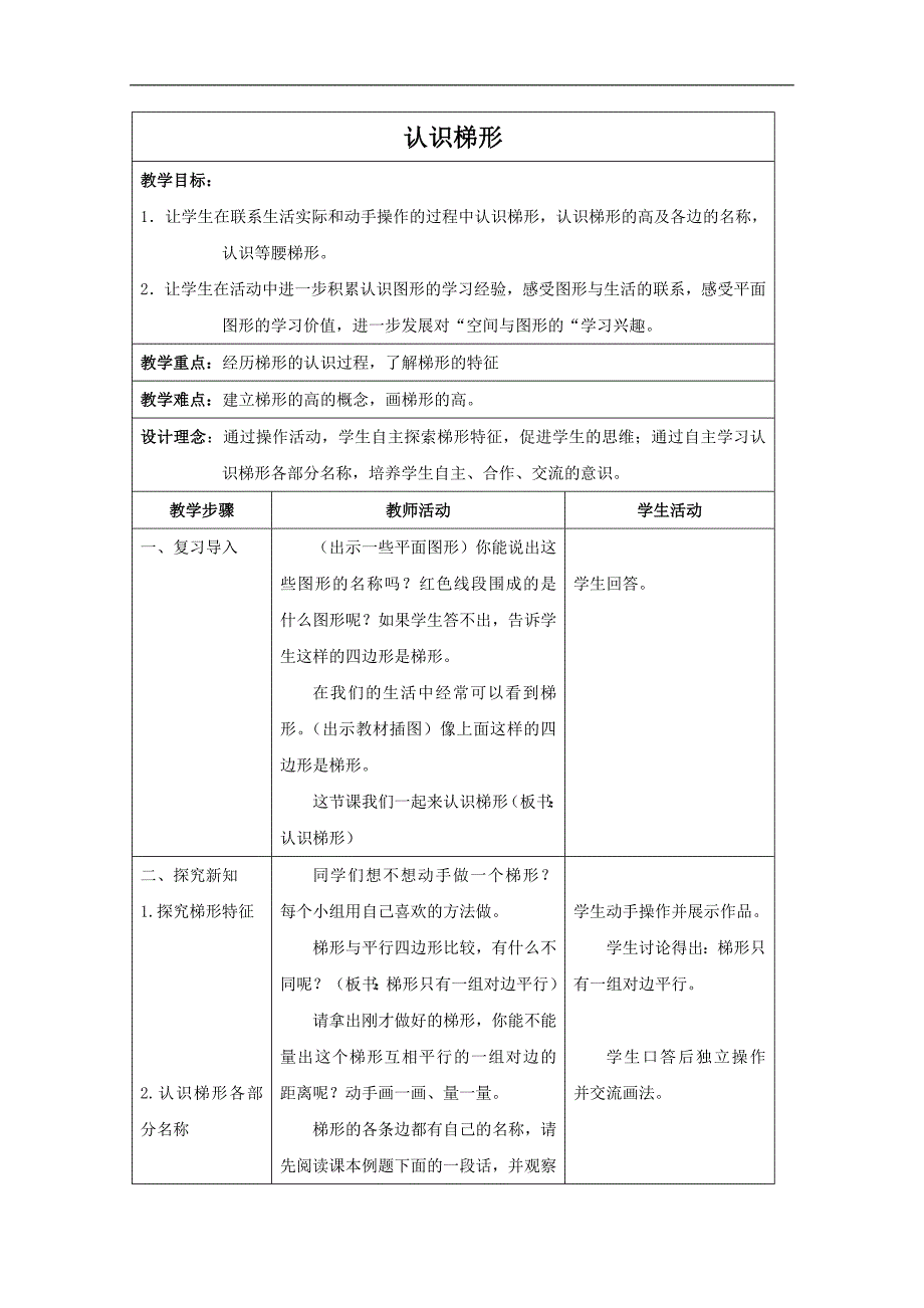 （苏教版）四年级数学下册教案 认识梯形_第1页