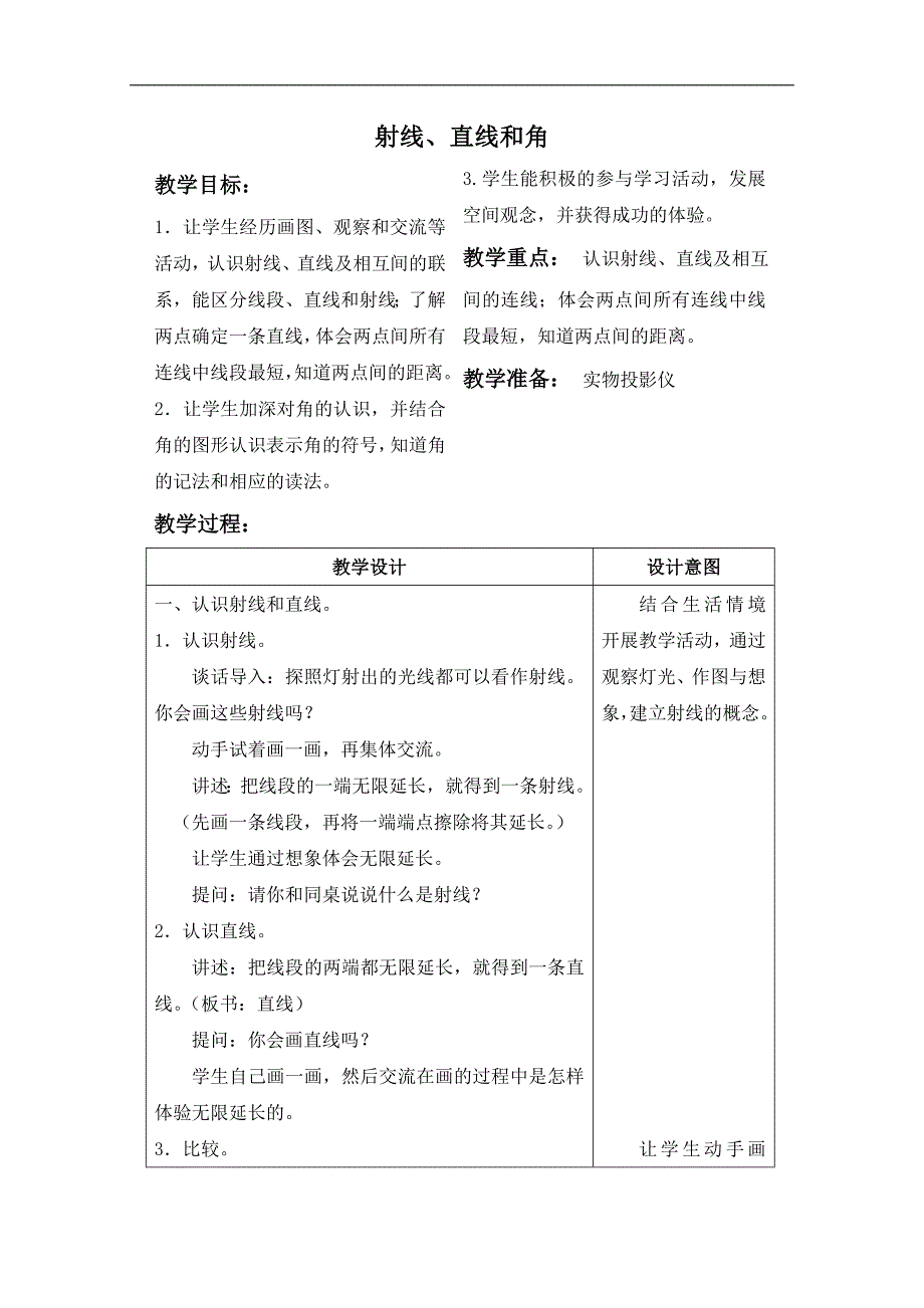 （苏教版）四年级数学上册教案 射线、直线和角_第1页