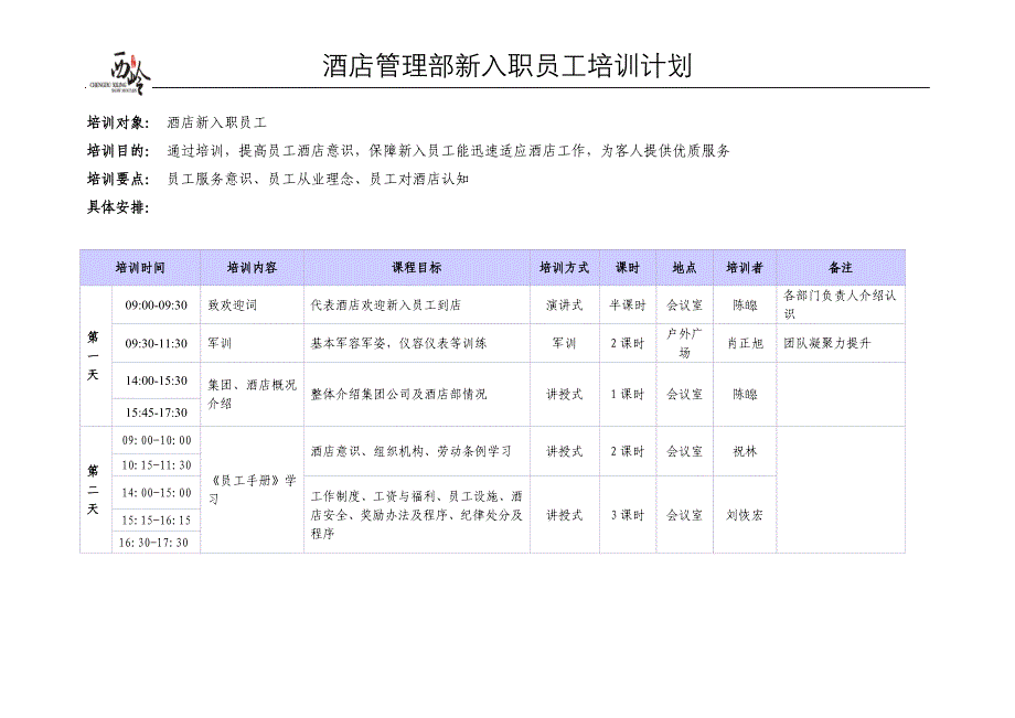 酒店管理部新入职员工培训计划_第1页