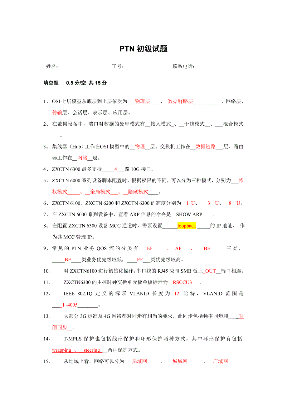 【2017年整理】PTN初级试题_第1页